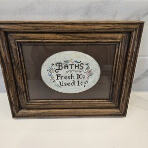 Vintage "BATHS" Cross Stitch Framed Wall Art Decor 10¢fresh Used 1¢